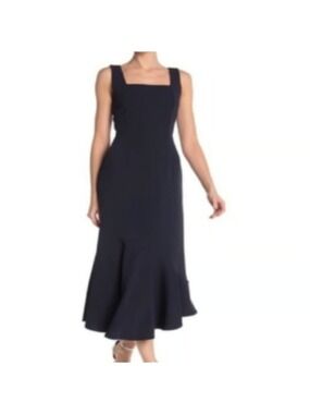Sharagano Square Neck Flounce Deep Navy  Blue Midi Dress NWT Size 4